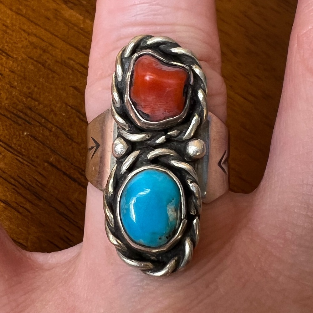 Turquoise & Coral Sterling Silver 925 Ring, Size 7